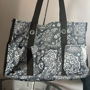 Thirty-One Gray & White FLORAL Organizing TOTE with Brown Trim & Straps